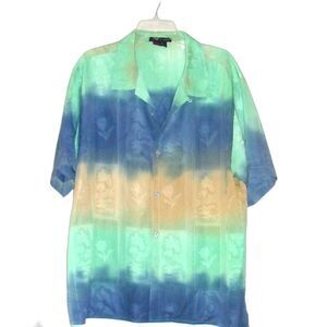 Tulliano Button Down Silk Shirt Colorblock Sz. XL Green Gray Tan Hawaiian Design